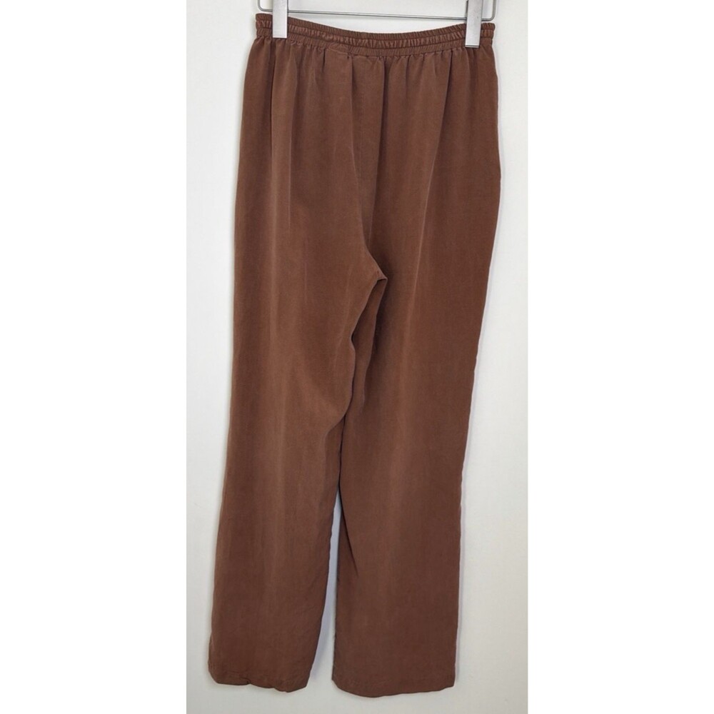 Vintage Terracotta Brown 100% Silk M Straight Leg Pants Elastic Waist Pockets - Picture 4 of 11